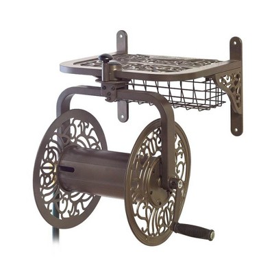 Liberty Garden LBG-714 Decorative Cast Aluminum Navigator Rotating Garden Hose Reel with Storage Basket for 125' of 5/8" Hose, Bronze