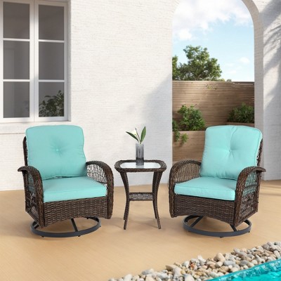 XINGHANZHENXUAN Gray 3 Pcs Outdoor Swivel Rocker Patio Set, Rotating Rattan Chairs with Cushions & Glass Coffee Table for Backyard, Garden