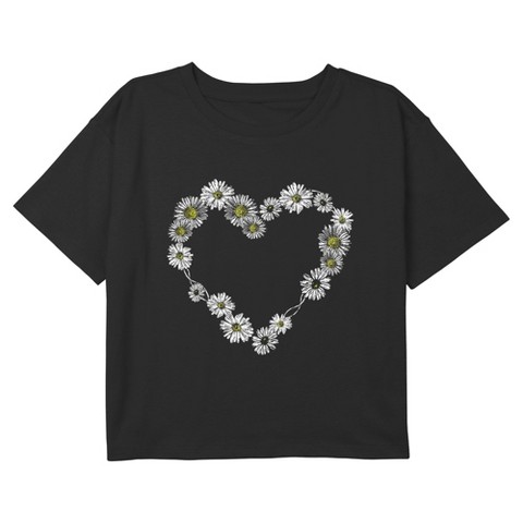 LOST GODS Girl's Lost Gods Daisy Heart Graphic Cropped T-Shirt - Black - Large