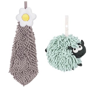 REGALWOVEN Flower and Sheep Shape Absorbent Fast Drying Chenille Hand Towels with Hanging Loop 6" x 15"/7" x 7" 2 Packs - 1 of 4