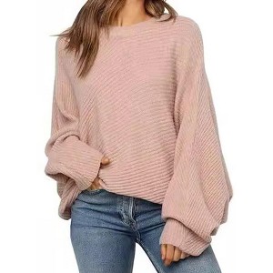 Women's Crewneck Sweater Loose Fit Casual Batwing Long Sleeve Pullover Tops - 1 of 3