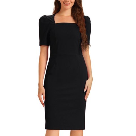 Женские платья INSPIRE CHIC Women's Square Neck Puff Sleeve Rear Slit Knee Length Business Pencil Dress X-Small Black