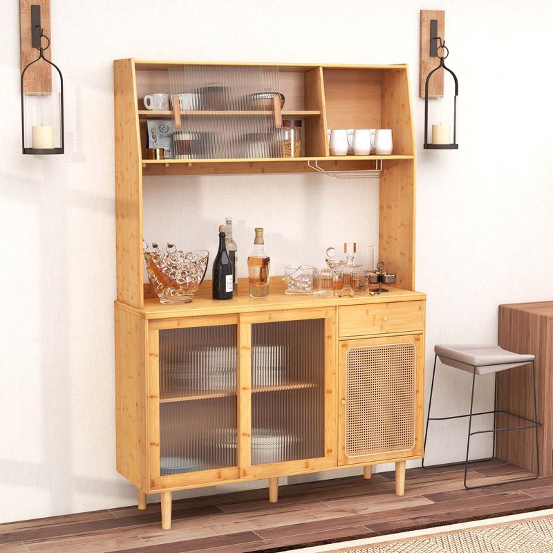 Costway Bamboo Buffet Cabinet Wine Bar Pantry Cupboard Sideboard with Rattan Sliding Door, 2 of 11