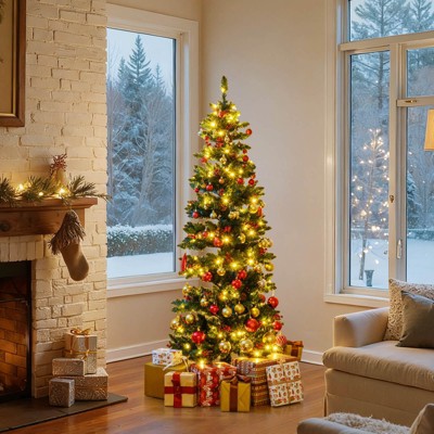 Costway 6/7 FT Artificial Christmas Tree with 612/791 Branch Tips Warm White LED Lights Folding Metal Stand