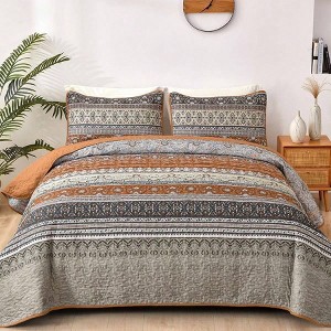 Boho Queen Quilt Set, Brown Grey Bohemian Bedspread, Reversible Microfiber Coverlet 96x90 3 Pieces - 1 of 4