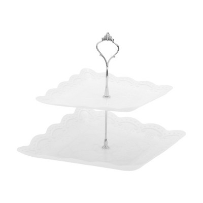 Unique Bargains 2 Tier Dessert Cupcake Stand Square Cup Cake Holder Tower White Silver Tone