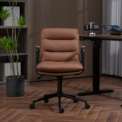 Brown Comfortable Desk Chair Mid Back Home Office Chair With Wheels and Padded Armrest PU Upholstered Rolling Desk Chair Back Recline 40°-The Pop Home