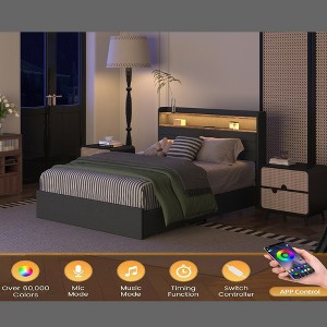 KIGFTSOD Bed Frame with 4 Storage Drawers,  LED Light and Charging Station, Black Gray - 1 of 4