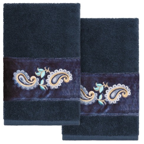 2pc Mackenzie Design Embellished Hand Towel Set Navy Linum Home