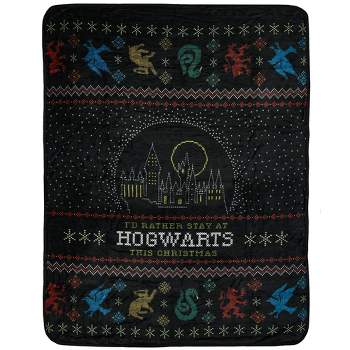Harry Potter I'd Rather Stay At Hogwarts Holiday Plush Throw Blanket 46' x 60' Black