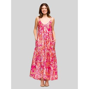 24seven Comfort Apparel Womens Pink Print Lightweight Spaghetti Strap Pocket Maxi Dress - 1 of 4