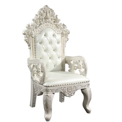 High-Back Tufted White Faux Leather & Wood Armchair Set