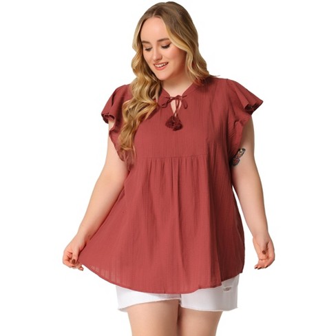 Agnes Orinda Women's Plus Size Cotton Flutter Sleeve Drawstring Flowy  Summer Split V Neck Blouse Brick Red 1x : Target