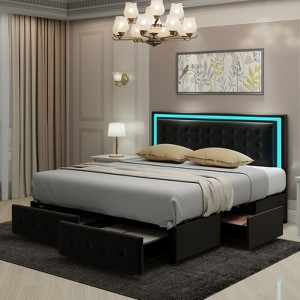 CAVINAS Full/King Size Modern Platform Bed Frame with LED Lights Headboard & 4 Storage Drawers,No Box Spring Needed - 1 of 4