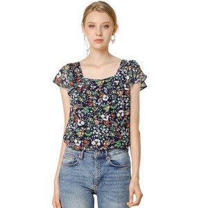 INSPIRE CHIC Women's Chiffon Ruffle Sleeve Square Neck Floral Print Blouse - 1 of 4