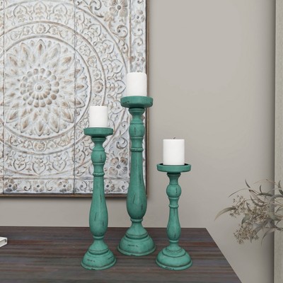 Teal Wood Fluted Pillar Candle Holders Set of 3