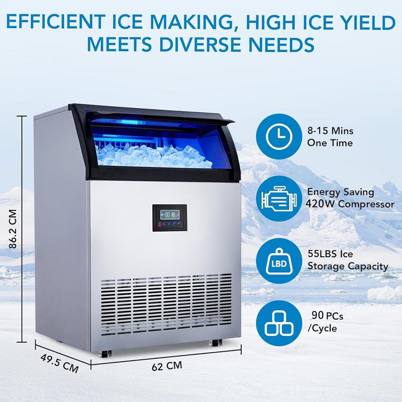 Commercial Ice Maker Machine, 200LB/24H Output, 55LB Storage, 120V/60Hz/420W, Self-Cleaning, 2 of 5