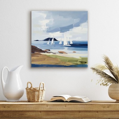 Americanflat Canvas Wall Art Featuring White Sailboats, Blue Ocean, Beige Sand and Cloudy Sky - Gallery Wrap - Seascape Coastal Wall Art