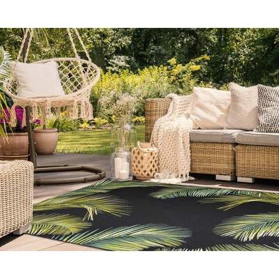 Black and Green Palm Leaf Flatwoven Wool Indoor/Outdoor Rug