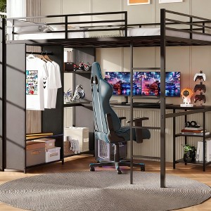 Queen Size Metal Loft Bed with Built-in Desk, Wardrobe,Storage Shelves, Guardrail, and Sturdy Ladder for Space-Saving Bedroom Solution - 1 of 4