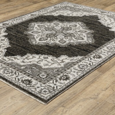 Charcoal and Ivory Medallion Synthetic 5x8 Area Rug