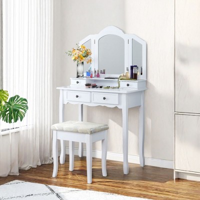 NicBex Vanity Desk with Mirror 31" Vanity Table with Tri-fold Mirror, European Style Makeup Vanity with 4 Drawer and 1 Upholstered Stool
