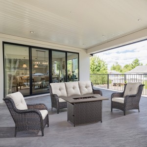 POCASSY 6-piece outdoor furniture set with fire pit table, brown wicker outdoor living set with patio sectional sofa,curved arm patio chair - 1 of 4