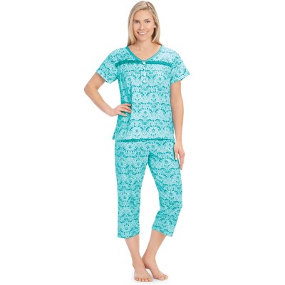 Collections Etc V-Neck Lace Trim Floral Pattern 2-Piece Capri Pajama Set