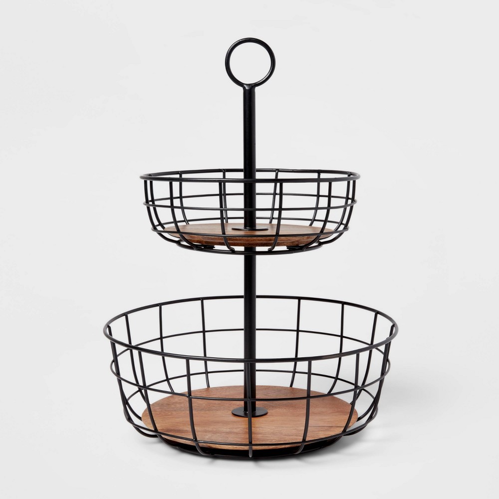 Photos - Other interior and decor Iron and Mangowood Wire 2-Tier Fruit Basket Black - Threshold™