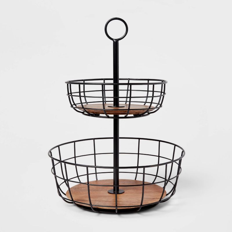Iron and Mangowood Wire 2-Tier Fruit Basket Black - Threshold&#8482;, 1 of 11