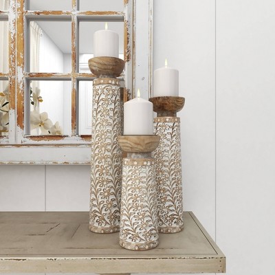 Rustic Elegance Mango Wood Carved Candle Holders, Brown Floral Set of 3