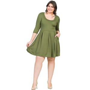 24seven Comfort Apparel Plus Size Fit and Flare Dress-Olive-2X