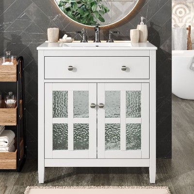 NicBex 30" Freestanding Vanity with Textured Glass Door, Compact Bathroom Vanity with Ceramic Sink, Equipped with Adjustable Shelf and Tip-Out Tray