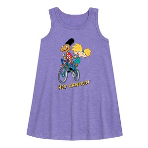 Girls' - Hey Arnold! - Arnold and Gerold Bike Graphic Sleeveless Aline Dress - 1 of 3