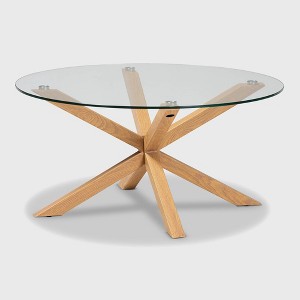 Lida Glass and Wood Finished Coffee Table Clear/Natural - Baxton Studio: Mid-Century Modern, 4 Point Leg Frame - 1 of 4