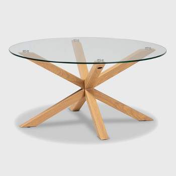 Lida Glass and Wood Finished Coffee Table Clear/Natural - Baxton Studio