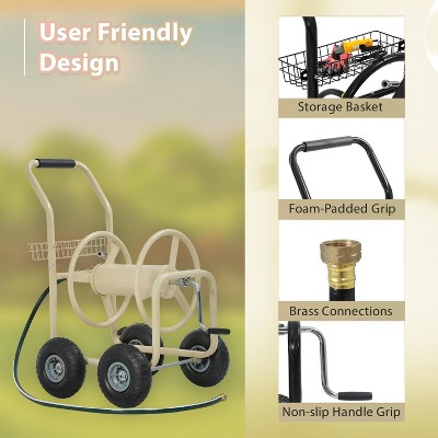 Tan Heavy Duty Metal Outdoor Hose Reel Cart with Storage Basket