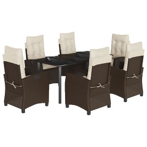 vidaXL 7 Piece Patio Dining Set - Brown Poly Rattan, Adjustable Reclining Chairs, Tempered Glass Table, Cream White Washable Cushions - 1 of 4