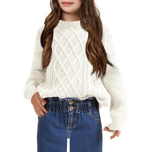 Girls Long Sleeve Cable Knit Sweater Crewneck Pullover Sweaters Kids Chunky Cute Fall Jumper Tops - 1 of 3