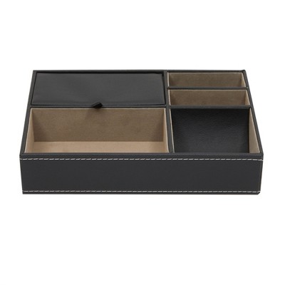Black Faux Leather Men's Rectangular Valet Tray with 5 Compartments