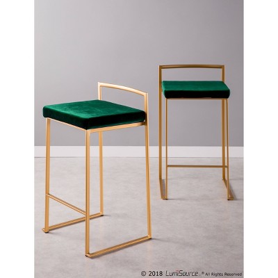 Fuji Glam Gold Frame with Green Velvet Cushion Counter Stool - Set of 2