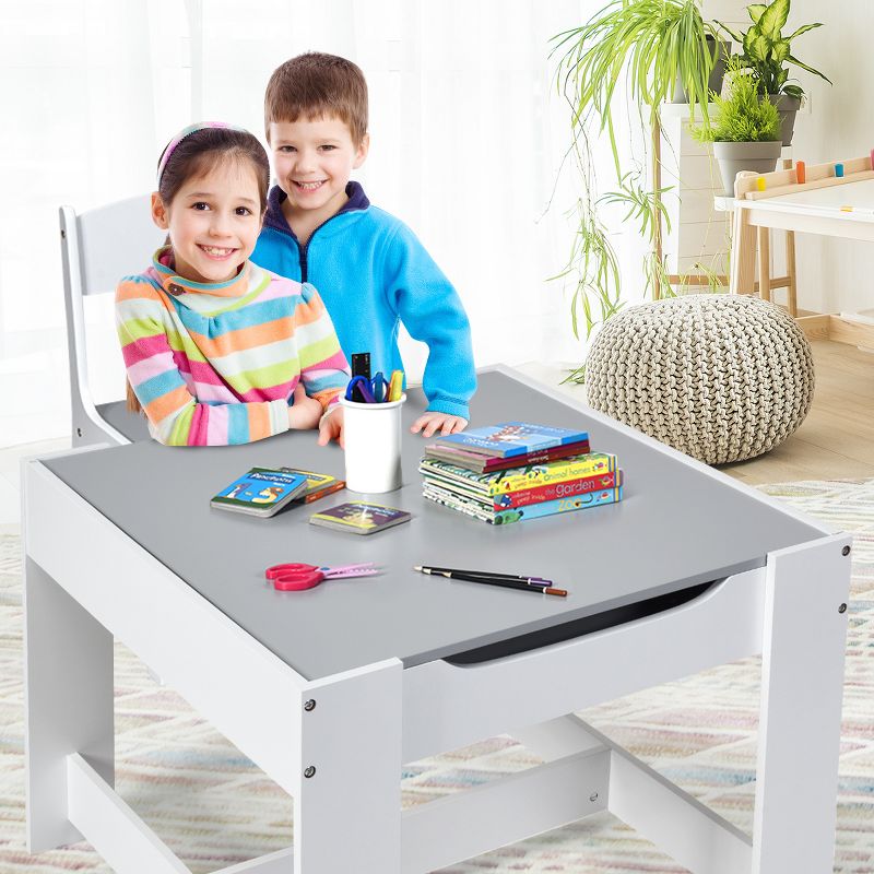Costway Kids Table Chairs Set With Storage Boxes Blackboard Whiteboard Drawing GreyNature, 3 of 11