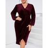 Women's Plus Size Velvet Dress V Neck Long Sleeve Bodycon Ruched Wrap Dress Casual Party Cocktail Dresses - 2 of 4