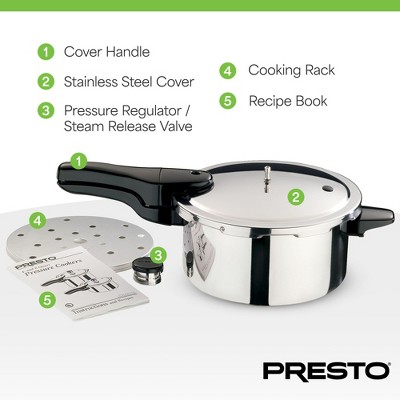 Presto 4 Quart Silver Stainless Steel Pressure Cooker with Nonstick Interior