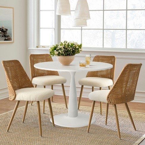 Small Round 5 Piece Dining Set 35 Round Pedestal Dining Table With 4 Beige Rattan Boucle Dining Chairs Double Layer Rattan Back With Oak Legs Target