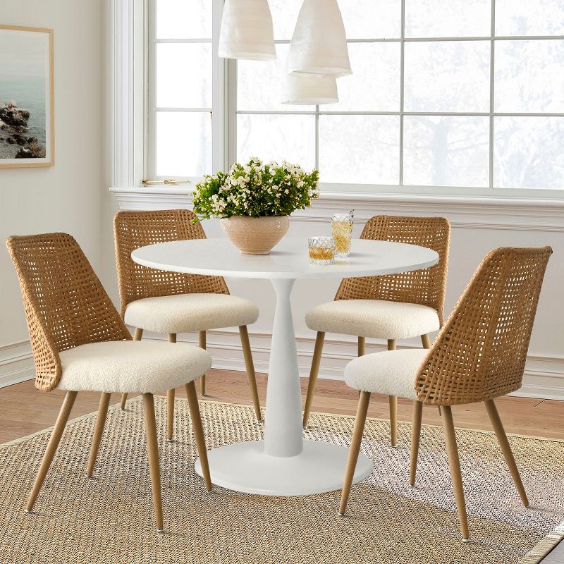 Small Round 5 Piece Dining Set,35" Round Pedestal Dining Table with 4 Rattan Boucle Dining Chairs Double Layer Rattan Back with Oak Legs-Maison Boucle, 1 of 8