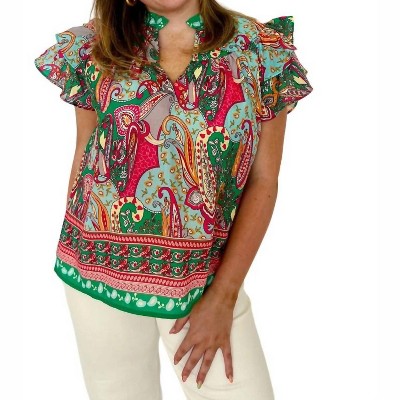 Women's Paisley Flutter Sleeve Yoke Top - Joy Joy