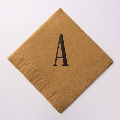 50ct 5"x5" Personalized Lettering 'A' 3 Ply Beverage Napkins Gold