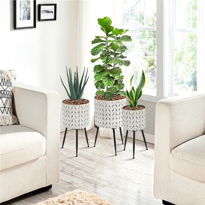 Set of 3 Distressed White and Black Metal Cachepot Planters with Tripod Legs