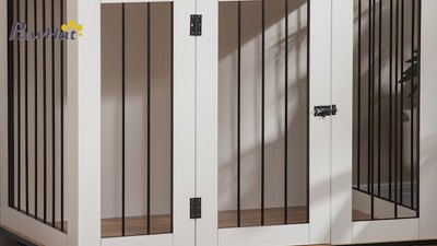 Large White Rolling Dog Crate Table with Lockable Door